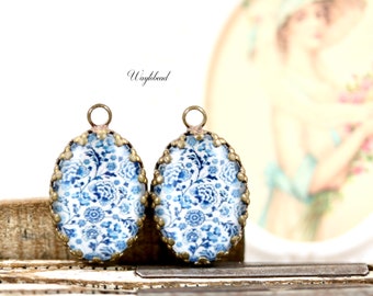 Glass Cabochon Vintage China Style Blue & White Flower 18x13mm Oval Single Set Stones Charms Pendant 1 Loop - 2
