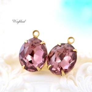 Vintage Oval Foiled Rhinestone Earring Drops Connectors Closed Back Brass Settings 12x10mm Light Amethyst - 2