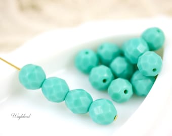 Opaque Turquoise Green 8mm Round Czech Fire Polished Faceted Glass Beads - 20