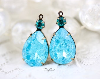 Blue Zircon & Aqua Ice Crackle Glass Stones Pear Shape 26x13mm Pendant Earring Charms Rhinestone Pendants 1 Ring Brass Settings - 2