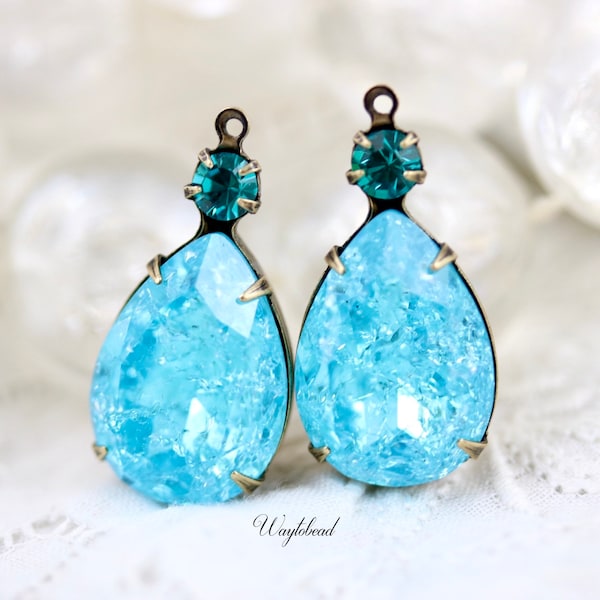 Blue Zircon & Aqua Ice Crackle Glass Stones Pear Shape 26x13mm Pendant Earring Charms Rhinestone Pendants 1 Ring Brass Settings - 2