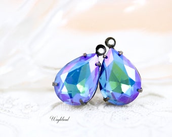 AB Sapphire Blue 14x10mm Pear Shape Teardrop Faceted Set Stones Earring Drop Black Brass Settings - 2