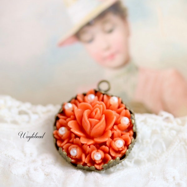 Vintage Japanse Aceteloid Coral Rosebud Cluster Faux Pearl Cabochon 21mm Round Single Set Stones 1950 Flower Charms Pendant - 1