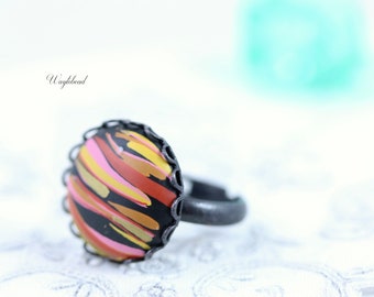 Vintage Adjustable Black Ring Blank with Round Lace Edged Setting 18mm Lucky Stripes Cabochon