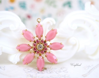 Opaque Pink Light Rose & Crystal Clear Daisy Flower Pendant Vintage Faceted Stones Raw Brass Setting 30mm - 1