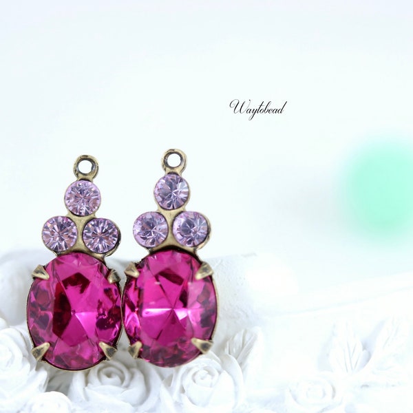 Violet & Fuchsia Vintage Oval Stone Austrian Crystals 19x8mm 1 Ring Rhinestone Dangles Brass Settings - 2