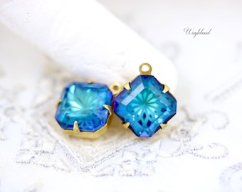 Bermuda Blue 10mm Flower Floral Glass Square Octagon Stones Raw Brass Prong Settings - 2