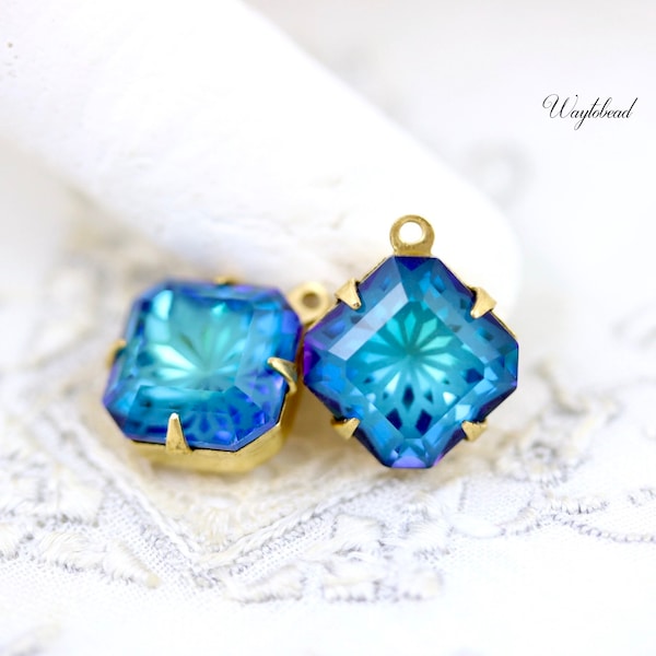 Bermuda Blue 10mm Flower Floral Glass Square Octagon Stones Raw Brass Prong Settings - 2