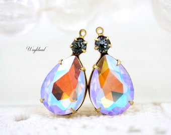 Indian Sapphire & Light Topaz Shimmer Violet Coating 26x13mm Pear Shaped Set Stones Rhinestone Pendants 1 Ring Raw Brass Settings - 2