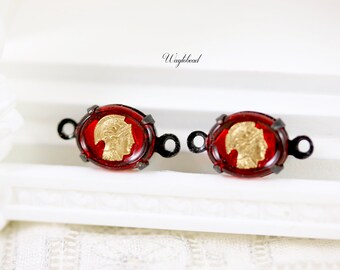 Vintage Roman Warrior Cabochons Oval Earring Connectors Black Plated Brass Prong Settings 10x8mm Siam Red & Gold - 4