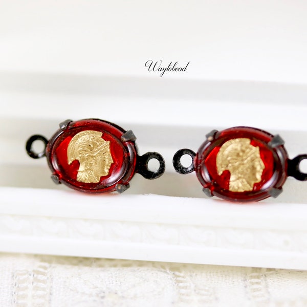 Vintage Roman Warrior Cabochons Oval Earring Connectors Black Plated Brass Prong Settings 10x8mm Siam Red & Gold - 4