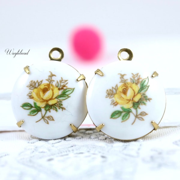 Yellow Rose Porcelain Charm Vintage Round Limoge Pendant Set Stones Brass Settings 18mm Japan - 2