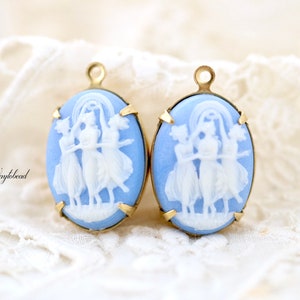 Three Graces Dancing Wedgewood Blue & White 18x13mm Vintage Oval Cameo Connectors Western Germany Women Girls Charms Pendant - 2