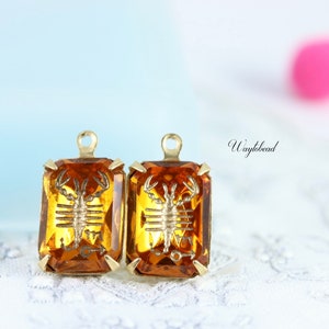 Topaz Vintage Zodiac Intaglio Scorpio 14x10mm Carved Glass Octagon Stones Raw Brass Settings - 2