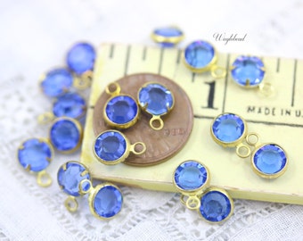 Sapphire 6mm Vintage Round Swarovski Stone 1 Ring Brass Channel Drops - 6