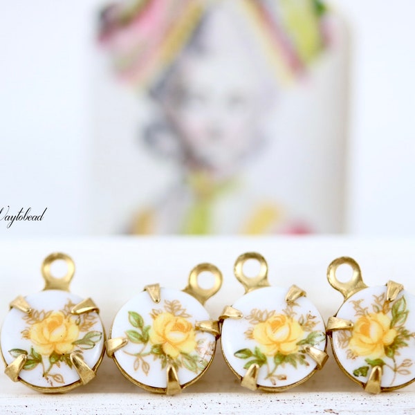 Yellow on White Limoge 8mm Vintage Glass Cabochon Flower Roses Single Set Stones Round Drop Connector - 4