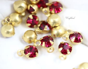 Tiny Ruby Vintage 5mm Rhinestones Austrian Crystal Closed Back 1 Ring Single Brass Setting Earring Drops - 8