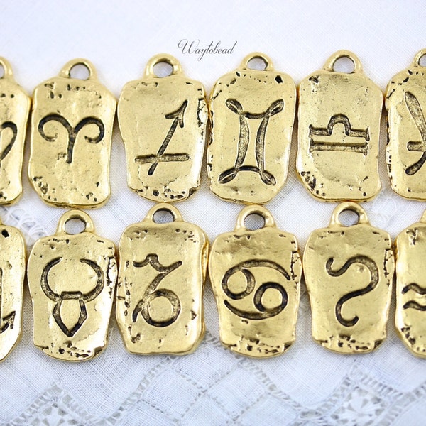 Greek Zodiac Sign Pendant 24K Matte Gold Antique Mykonos Style Casting Bead Astrological Symbols Charm