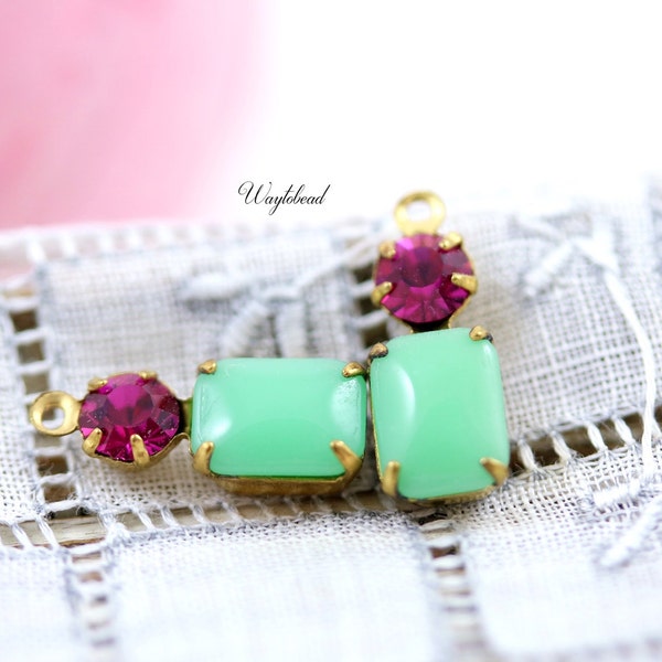 Fuchsia & Jadeite 16x6mm Vintage Set Stones Glass Octagon Earring Rhinestone Charms Connector 1 Ring Brass Settings - 2