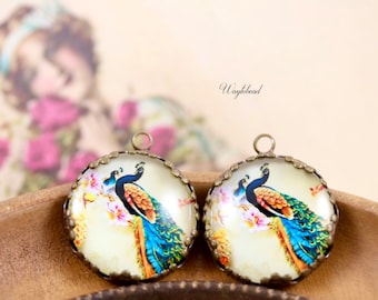 Orange Blue & Green Peacocks Cabochon 21mm Vintage Style Round Single Set Stones Charms Pendant - 2