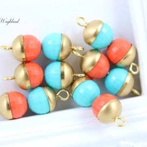 Coral & Turquoise Vintage Plastic German Faceted Beads 24mm Brass Gold Bead Caps Connectors Links Bar - 6