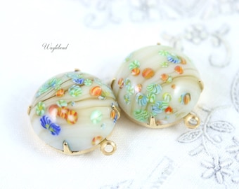 Millefiori on Beige Charm Vintage Round Pendant Set Stones Brass Settings 18mm Japan - 2