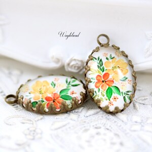 Green Leaves Orange & Yellow Flowers Glass Cabochon Vintage Style 18x13mm Oval Single Set Stones Charms Pendant 1 Loop 2 image 2