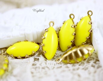 Opaque Lemon Yellow 15x7mm Vintage Smooth Top Navette German Stones Brass Settings Earring Drops Single Set Stones - 4