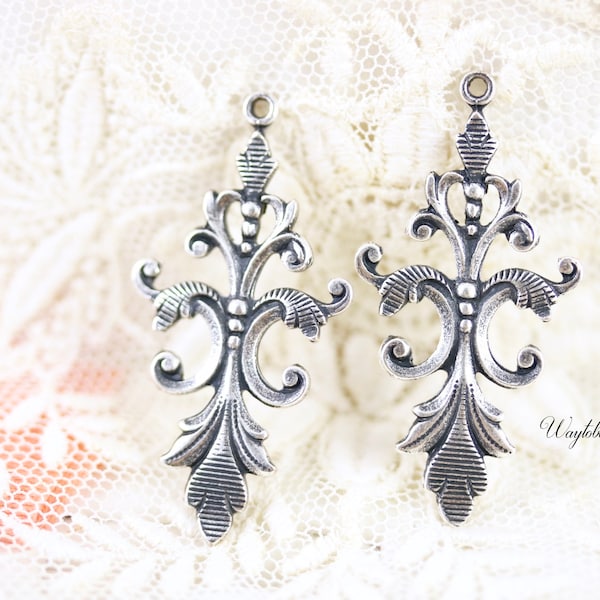 Vintage Style Art Nouveau Antiqued Silver Floral VIne Charms 37x18mm Pendants Drops - 2