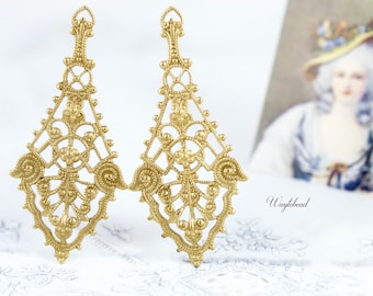 Victorian Style Filigree Earring Dangle Ornate Raw Brass Ox 55x26mm Charms Pendants Drops - 2