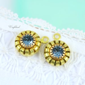 Indian Sapphire Blue Vintage Empire Style Austrian Crystal Rhinestone Brass Crown Round Set Drop Dangle Charm Findings - 2