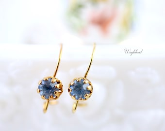 Small Gold Plated Kidney Ear Wires Vintage US Made 14x9mm Wire Earring Jewelry Findings Light Sapphire Rhinestone - 1 pair