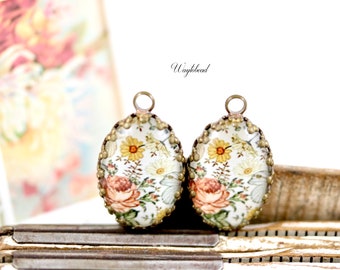 Peach Yellow & White Oval Glass Cabochon Flowers Vintage Style 18x13mm Peony Daisy Charms Pendant 1 Loop Set Stone - 2
