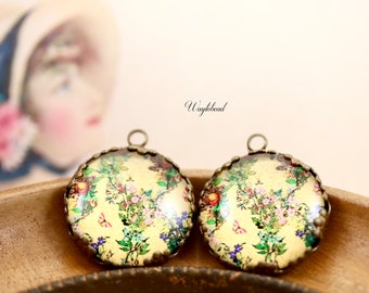 Yellow Green & Pink Floral Cabochon 21mm Vintage Style Round Single Set Stones Flower Charms Pendant - 2