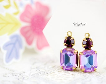 Amethyst & Vitrail Light Two Tone 18x8mm Set Stone Drops Octagon Raw Brass Ox Silver Black Settings Earring Dangle - 2