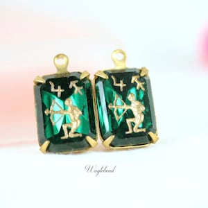 Zircon Vintage Zodiac Intaglio Sagittarius 14x10mm Carved Glass Octagon Stones Raw Brass Settings - 2