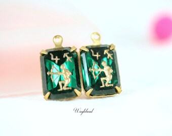 Zircon Vintage Zodiac Intaglio Sagittarius 14x10mm Carved Glass Octagon Stones Raw Brass Settings - 2