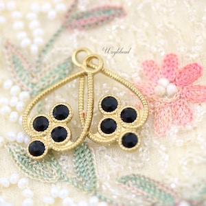 Jet Black Brass Filigree Rhinestone Drops Earring Dangles 23x13mm Exquisite Charms Austrian - 2