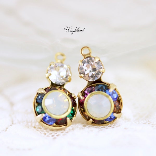 Crystal Clear Multi Color & Light Grey Opal 15x9mm Two Layers Glass Round Connectors Pendant Drops Raw Brass Settings - 2