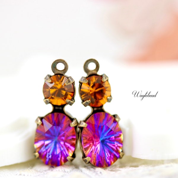 Starburst Oval Stone Topaz & Vulcano Orange Fuchsia Violet Austrian Crystal 16x6mm Set Stones Earring Drops 1 Ring Brass Settings - 2