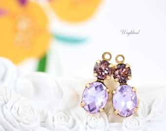 Light Amethyst & Violet Crystal 16x6mm Set Stones Earring Drops Oval 1 Ring Brass Settings - 2