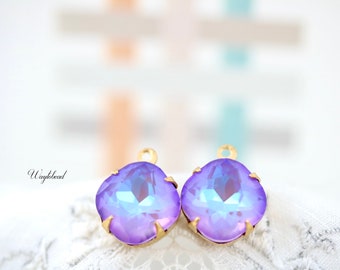 Violet Shimmer Cushion 10mm Iridescent Glass Stones Raw Brass Prong Settings - 2
