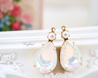 Pastel Pear Faux Pearl & AB White 26x13mm Set Stones Rhinestone Pendants 1 Ring Raw Brass Settings - 2