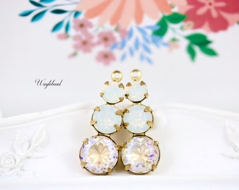 White Opal & Moonlight Flower Floral Dangle 23mm Teardrop Charms Triple Rhinestones - 2