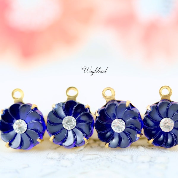 Blue Vintage Flower Set Stones Connectors 10mm Charms Pendant Round Limoge - 4