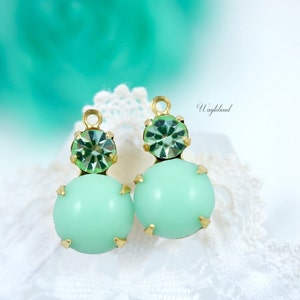 Chrysolite & Light Green Vintage Jewelry Finding Austrian Crystal 15x9mm Set Stones Connectors Earring Charms Brass Settings - 2