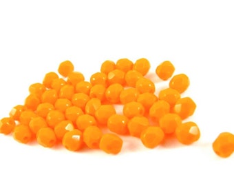 50 - Round Czech Fire Polished Faceted Glass Beads - Opaque Tangerine Orange - 4mm - FP2OR4