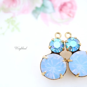 AB Aquamarine & Blue Opal Rhinestone Charms Set Stones Earring Dangles Round 15x9mm Crystal Connectors Brass Settings - 2