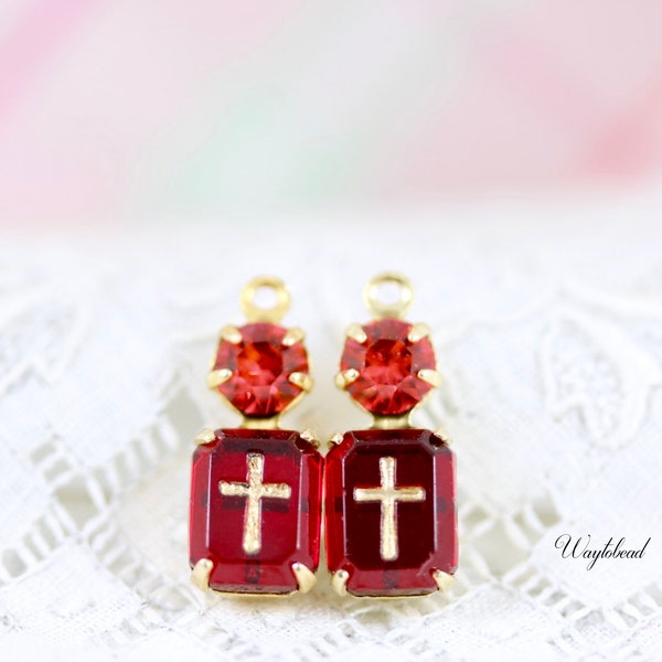 Padparadscha & Siam Red Cross Intaglio 16x6mm German Glass Vintage Octagon Hand Gilded Gold Religious Earring Drops Connectors - 2