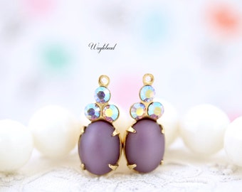 AB Light Amethyst & Matte Purple Vintage Oval Stone Austrian Crystals 19x8mm 1 Ring Rhinestone Dangles Brass Settings - 2